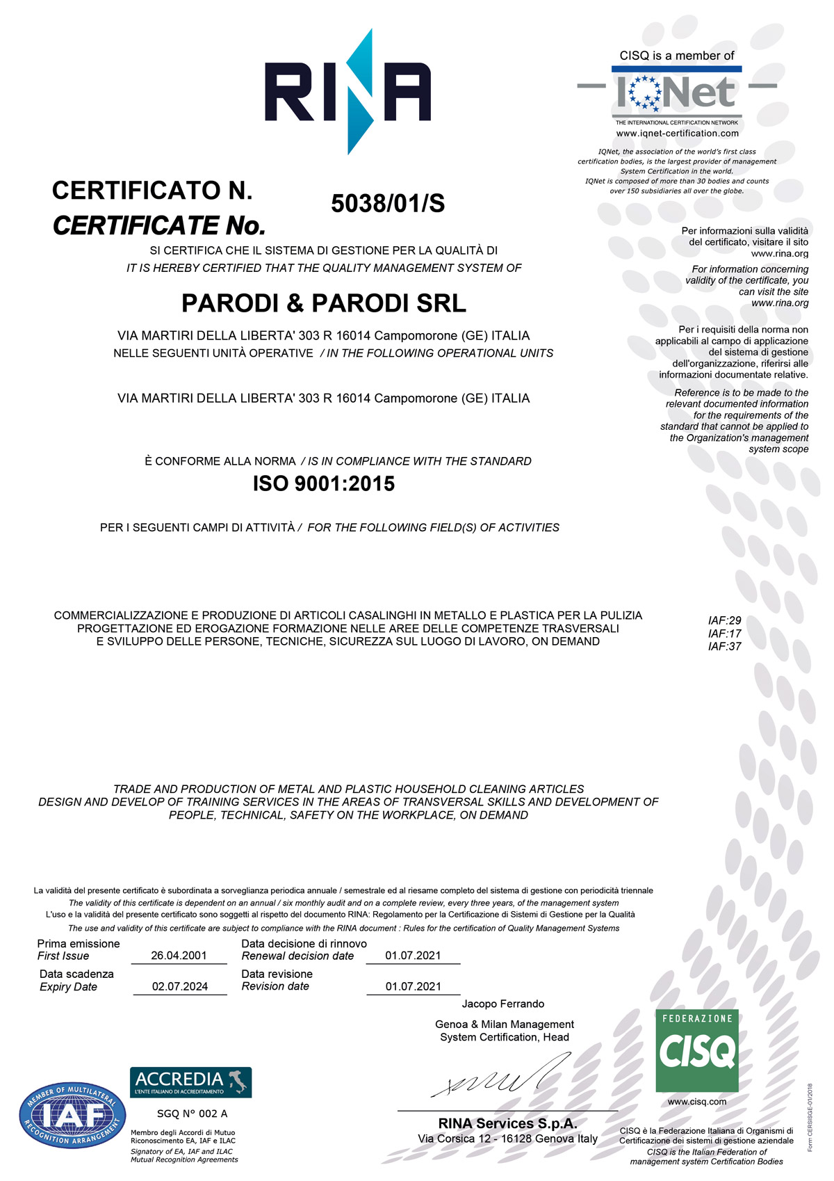 Certificato Iso Parodi 02